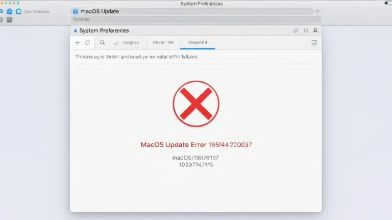Ekran błędu macOS durante aktualizacji systemu z komunikatem o błędzie instalacji