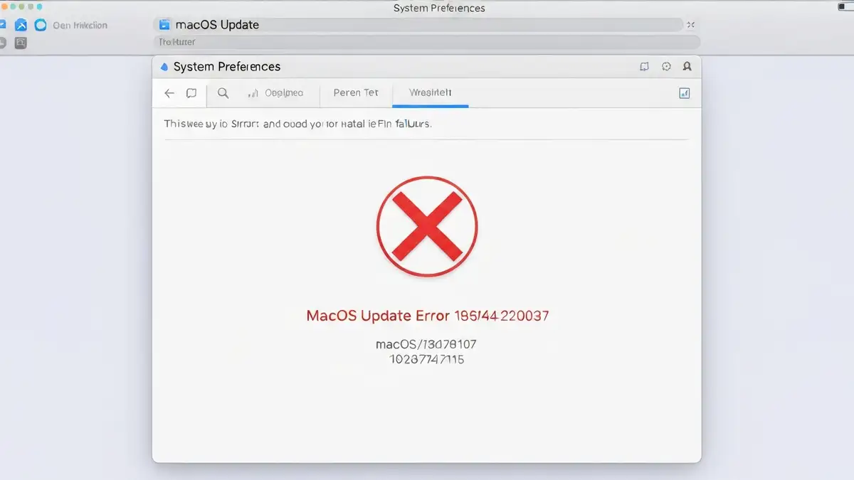 Ekran błędu macOS durante aktualizacji systemu z komunikatem o błędzie instalacji