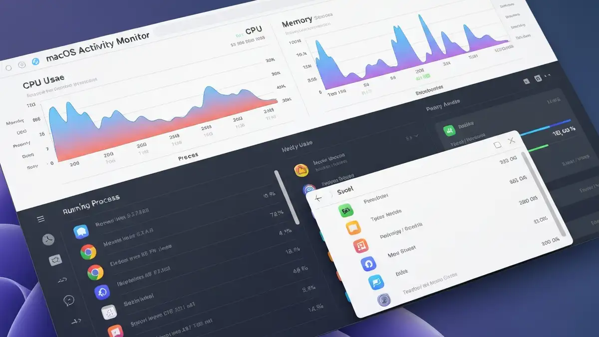 Ekran macOS z Activity Monitor pokazującym procesy systemowe i użycie procesora