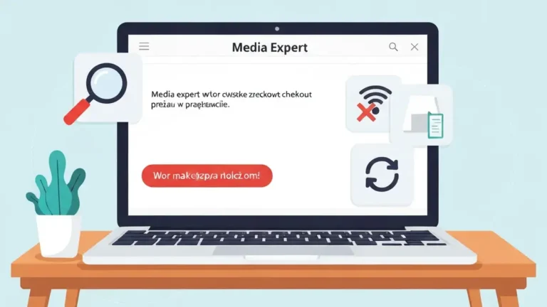Błąd finalizacji zamówienia na Media Expert – ilustracja z ekranem błędu i ikonami diagnostyki