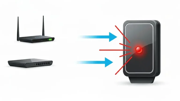 Węzeł mesh WiFi z migającą czerwoną diodą LED wskazującą brak synchronizacji z głównym routerem