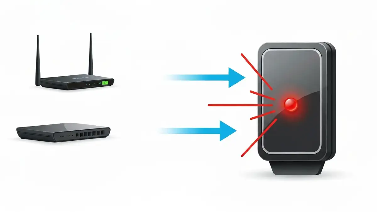 Węzeł mesh WiFi z migającą czerwoną diodą LED wskazującą brak synchronizacji z głównym routerem