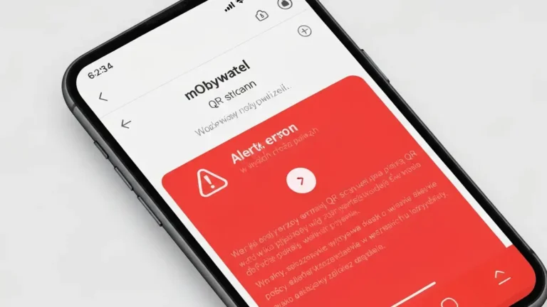Ekran aplikacji mObywatel z błędem przy skanowaniu QR i ikoną ostrzeżenia