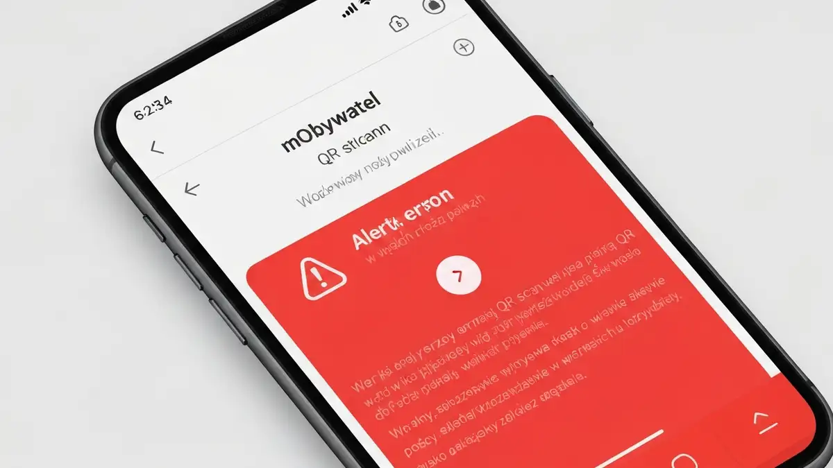 Ekran aplikacji mObywatel z błędem przy skanowaniu QR i ikoną ostrzeżenia