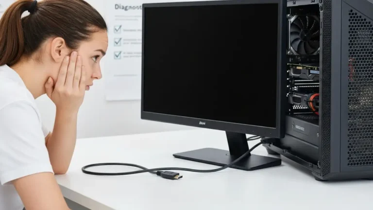 Monitor ze zgaszonym ekranem – czarny ekran i zmieszany użytkownik obok obudowy komputera z otwartym panelem