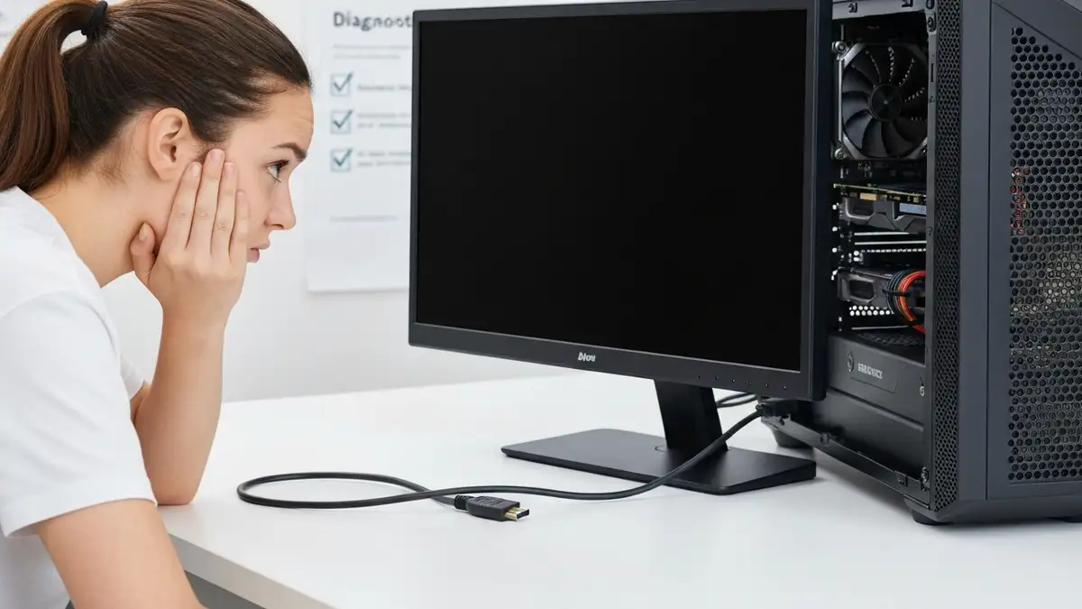 Monitor ze zgaszonym ekranem – czarny ekran i zmieszany użytkownik obok obudowy komputera z otwartym panelem