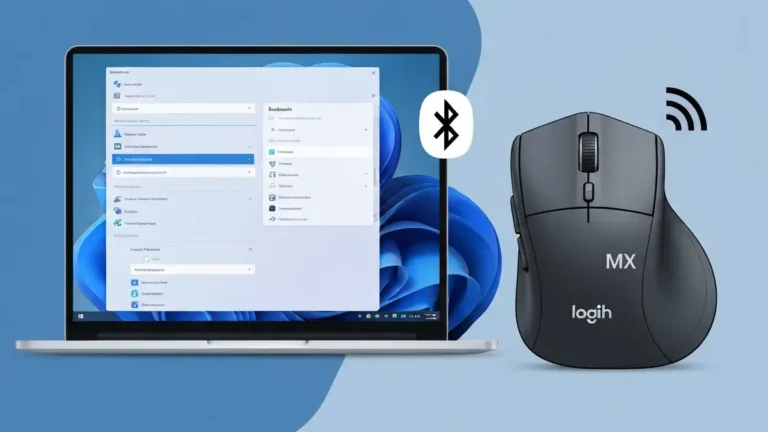 Mysz Logitech MX Master z ekranem Bluetooth na laptopie w tle, symbol błędu połączenia