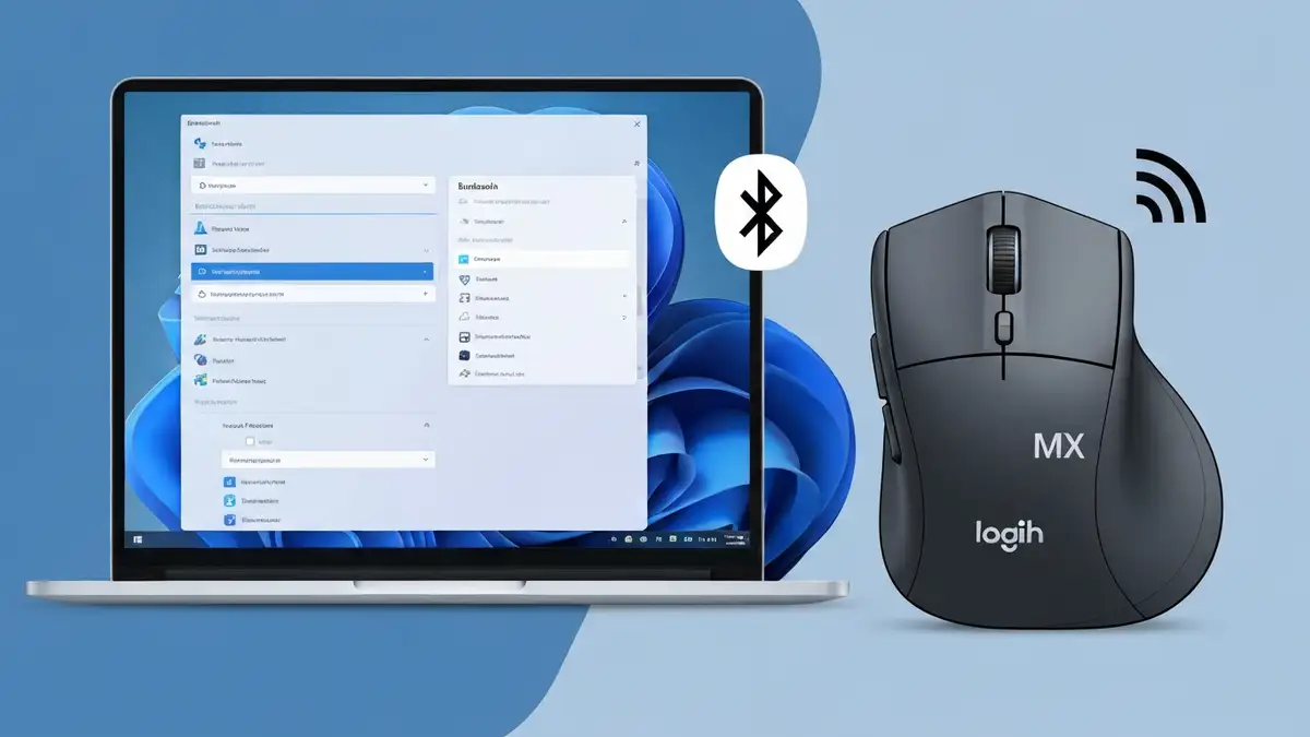 Mysz Logitech MX Master z ekranem Bluetooth na laptopie w tle, symbol błędu połączenia