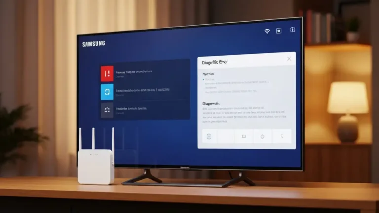 Smart TV Samsung z aplikacją Netflix wyświetlającą błąd połączenia, przy routerze WiFi