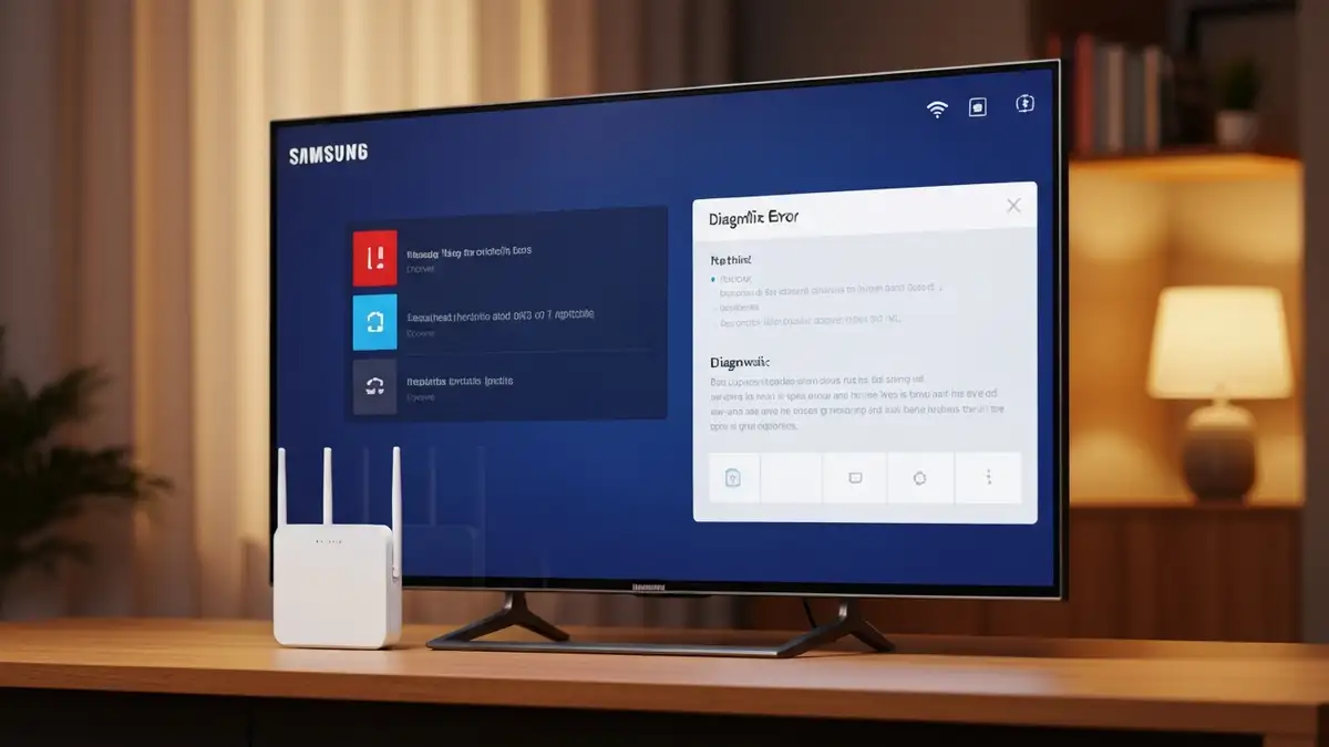 Smart TV Samsung z aplikacją Netflix wyświetlającą błąd połączenia, przy routerze WiFi