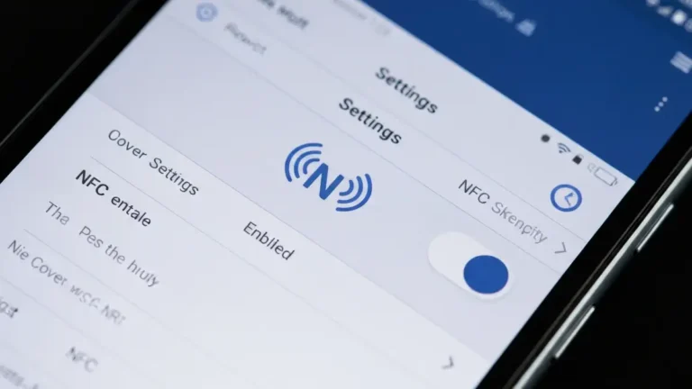 Telefon z włączoną funkcją NFC na ekranie ustawień, ikona NFC i symbolu bezprzewodowego.