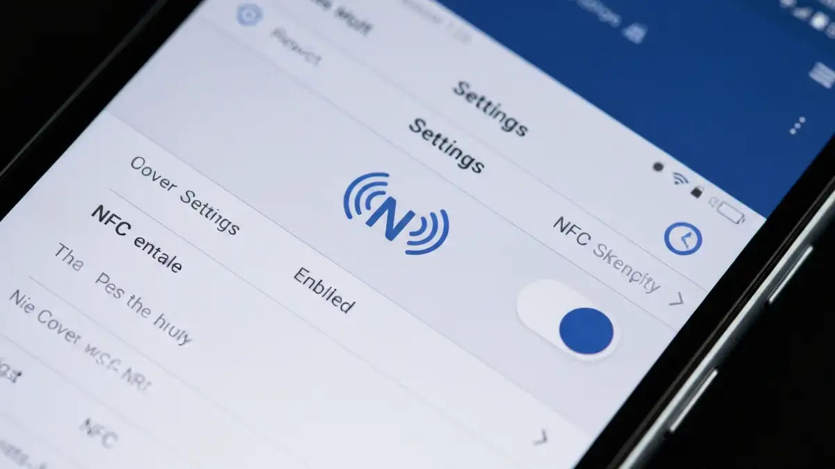 Telefon z włączoną funkcją NFC na ekranie ustawień, ikona NFC i symbolu bezprzewodowego.