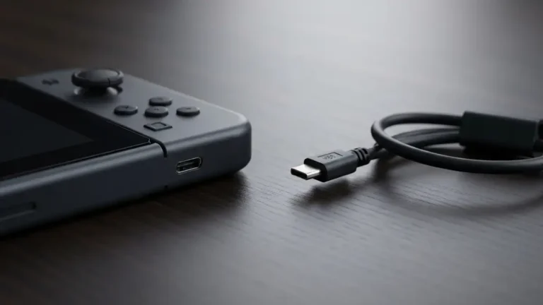 Nintendo Switch na biurku z powiększonym portem USB-C i kablem zasilającym obok