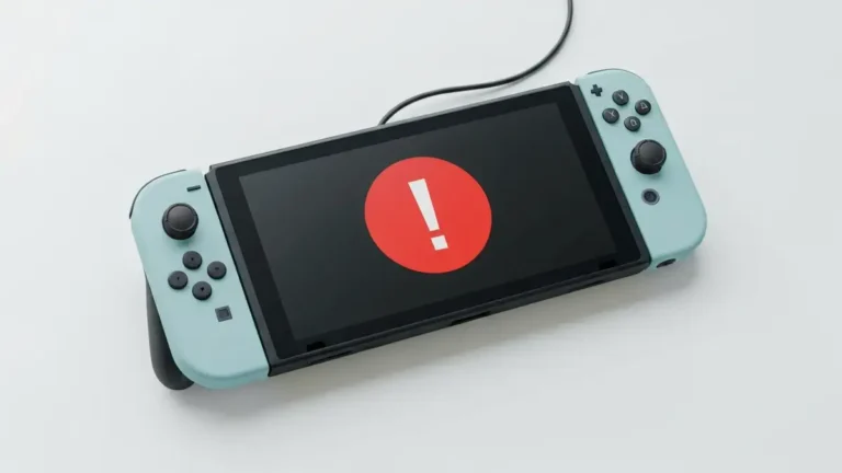 Dwa kontrolery Joy-Con obok konsoli Nintendo Switch z symbolem błędu połączenia