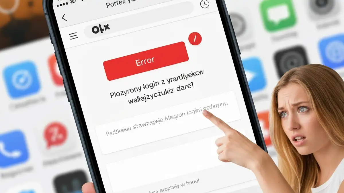 Ekran błędu aplikacji OLX na smartfonie z komunikatem niemożności logowania