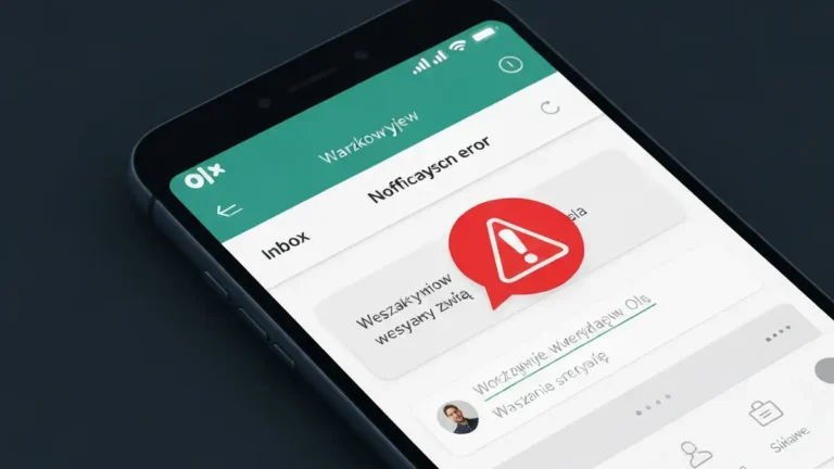 Smartfon z aplikacją OLX pokazujący problem z wiadomościami - ikona ostrzeżenia i puste powiadomienia