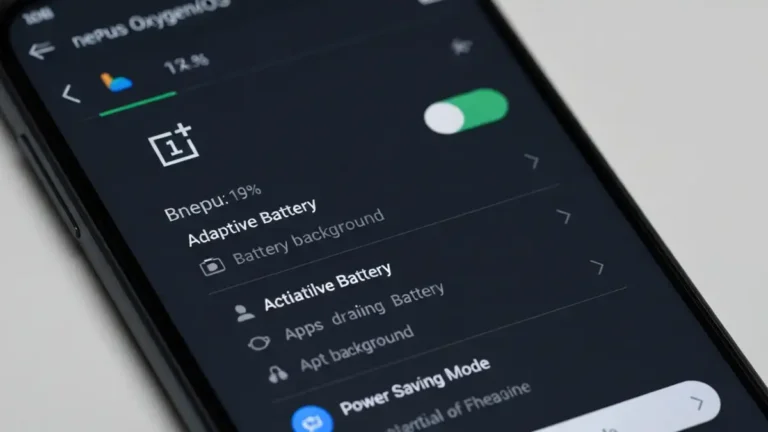 Ekran ustawień baterii OnePlus z trybem oszczędzania energii i poziomem naładowania widocznym na tle niebieskiego interfejsu OxygenOS