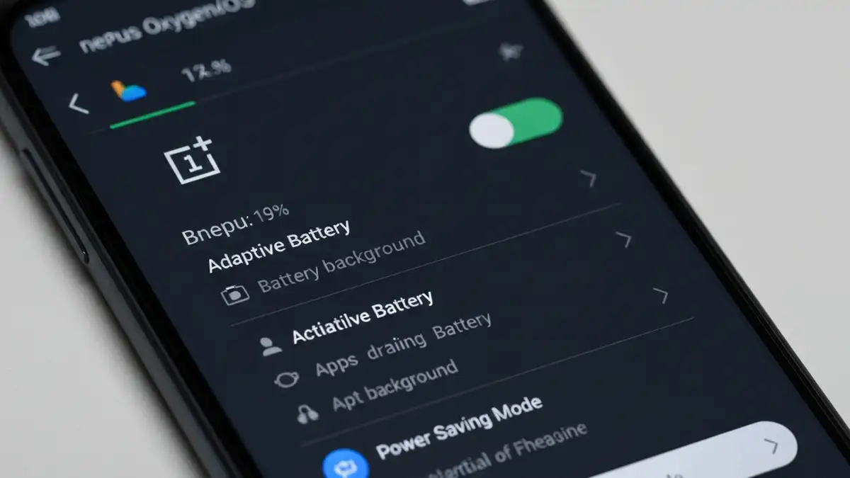 Ekran ustawień baterii OnePlus z trybem oszczędzania energii i poziomem naładowania widocznym na tle niebieskiego interfejsu OxygenOS