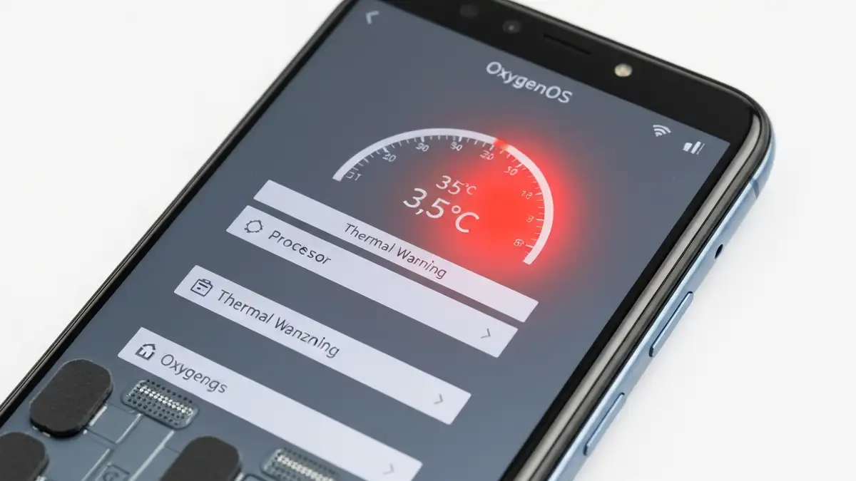OnePlus telefon z menu ustawień systemu OxygenOS i temperaturą procesora widoczną na ekranie