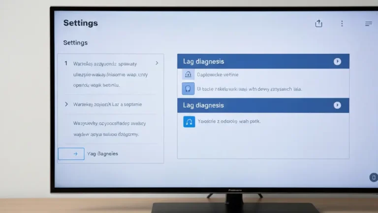 Panasonic Smart TV z menu Ustawienia i ikoną lag, logo diagnozy