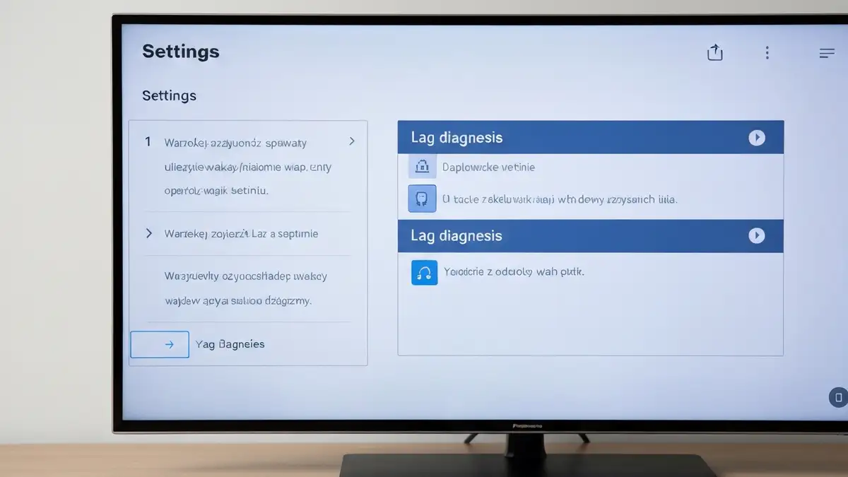 Panasonic Smart TV z menu Ustawienia i ikoną lag, logo diagnozy
