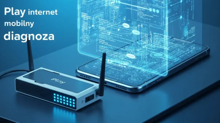 Telefon z ikoną sieci i routerem Play - diagnoza problemu z internetem mobilnym