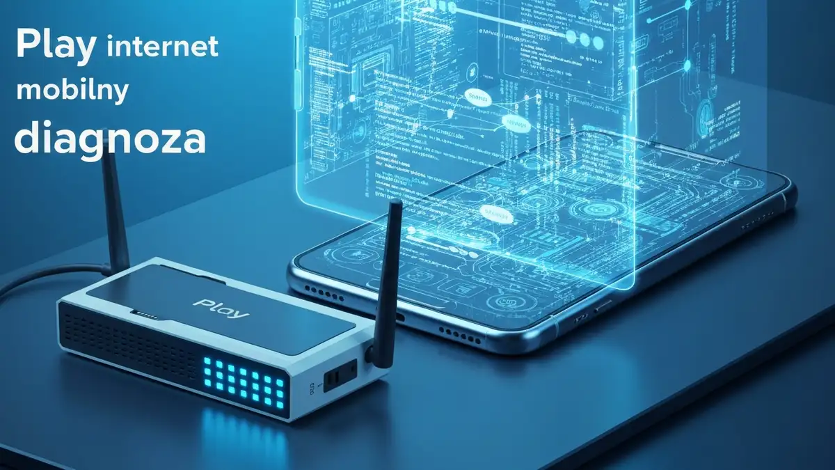 Telefon z ikoną sieci i routerem Play - diagnoza problemu z internetem mobilnym
