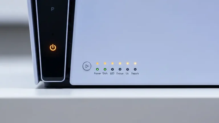 PlayStation 5 z widocznym przyciskiem zasilania, diodą LED, i wskaźnikami stanu zasilania
