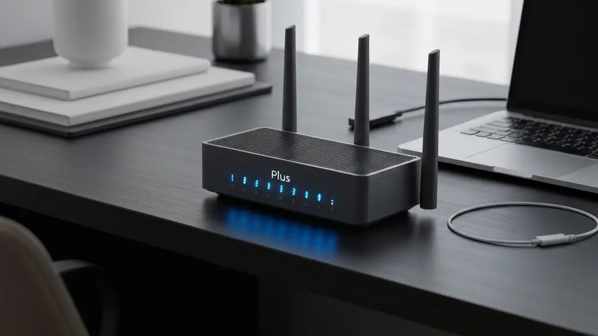 Router Plus z widocznymi lampkami sygnalizacyjnymi wskazującymi stan połączenia internetowego