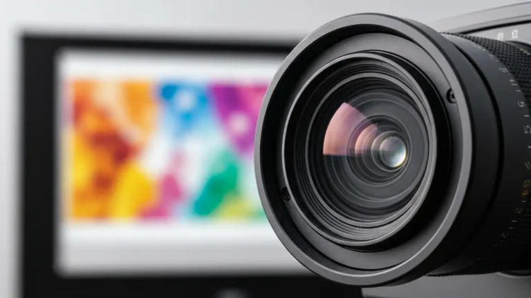 Projektor 4K wyświetlający obraz nieostry na ekranie – widok z bliska na pierścień focus i soczewkę