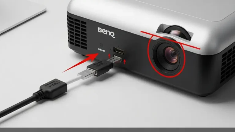 Projektor BenQ z zaznaczonym portem HDMI i testowanym kablem HDMI
