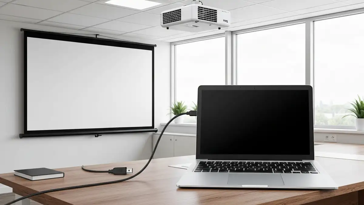 Projektor BenQ z laptopem połączonym kablem HDMI, kursor na wejściu HDMI