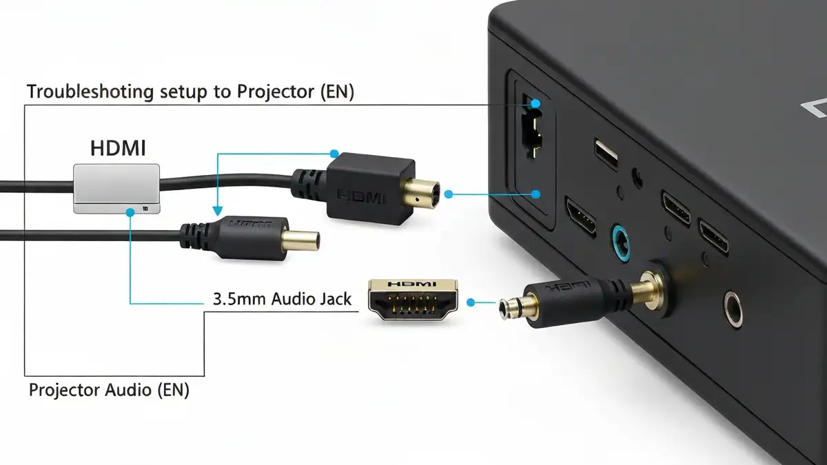 Kable HDMI i podłączenia audio do projektora, diagrama kabla ze złączami