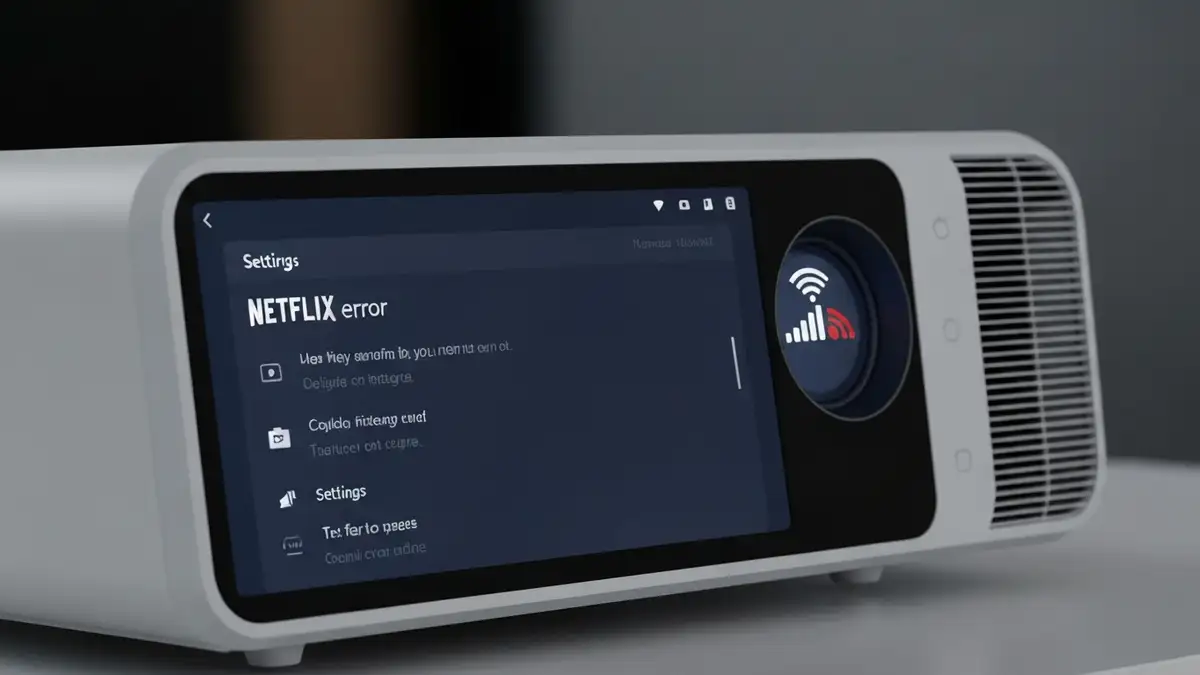 Projektor Xiaomi Wanbo wyświetlający błąd Netflix, na tle ustawienia projektor i ikona wifi