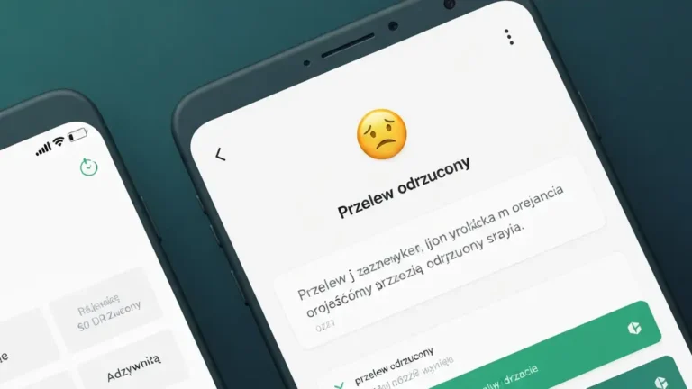 Błąd odrzucenia przelewu w aplikacji bankowej na ekranie telefonu z komunikatem 'transakcja nie powiodła się'