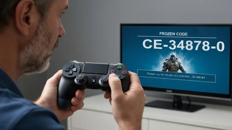 PS4 kontroler z kodem błędu CE-34878-0 na ekranie telewizora, gra się zawiesiła