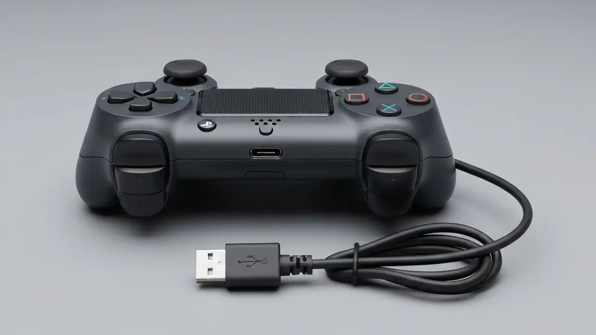 PS4 DualShock 4 kontroler leżący obok kabla USB micro - port ładowania