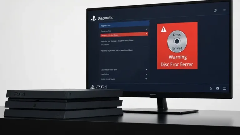 PS4 z wyświetlonym błędem dysku i ikoną dysku z ostrzeżeniem