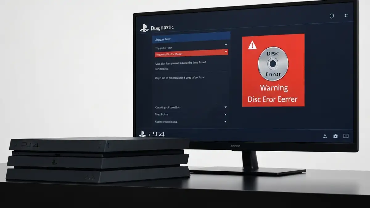 PS4 z wyświetlonym błędem dysku i ikoną dysku z ostrzeżeniem