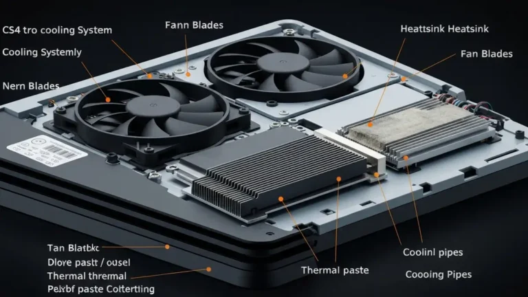 PS4 Pro z otwartą obudową pokazujący wentylator, heatsink i komponenty chłodzenia z zabrudzeniami kurzem