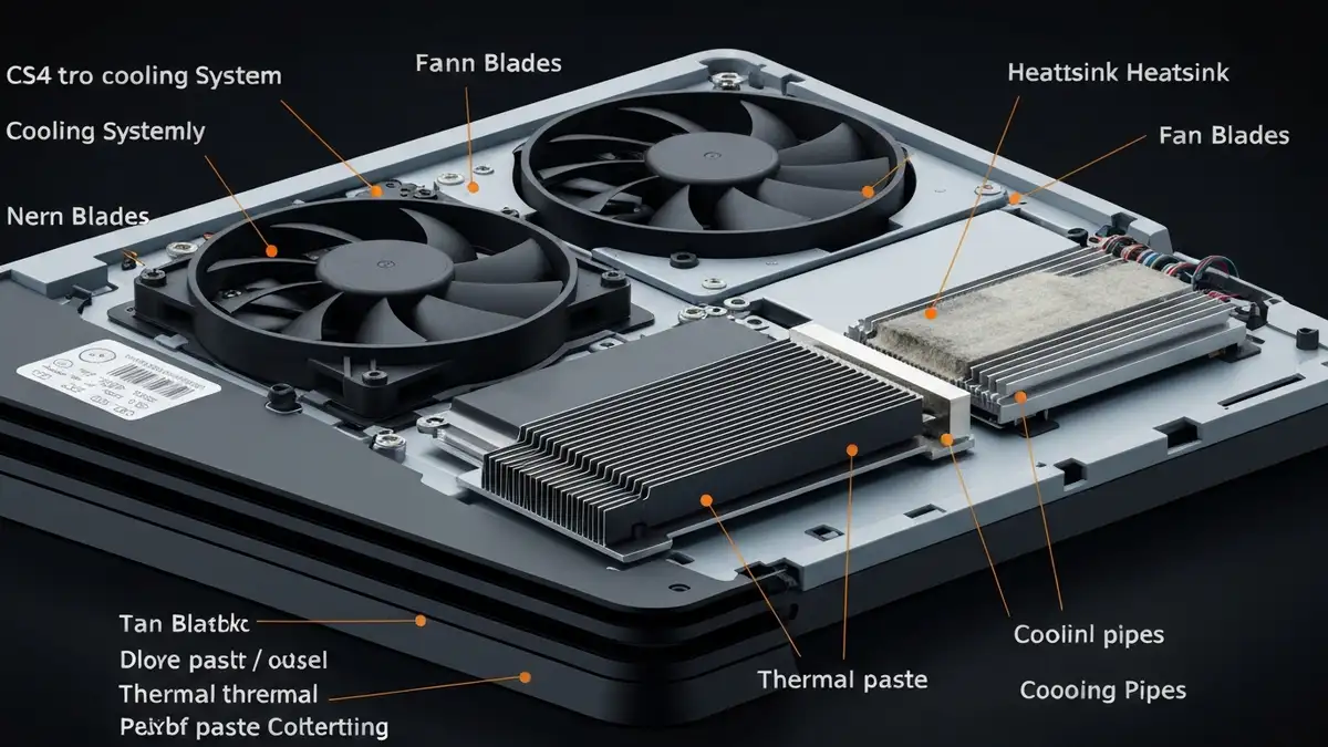 PS4 Pro z otwartą obudową pokazujący wentylator, heatsink i komponenty chłodzenia z zabrudzeniami kurzem