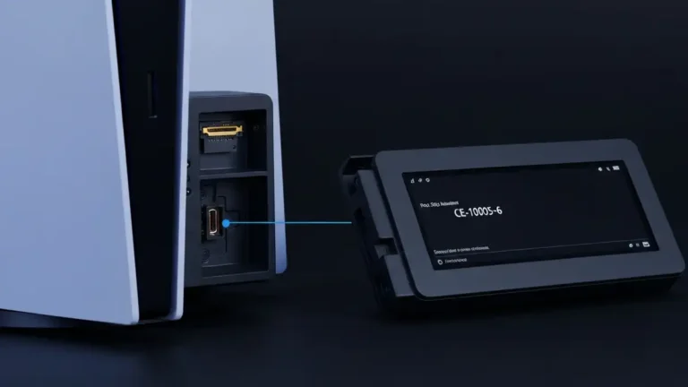 Dysk SSD PS5 przy otwartej konsoli z widocznym gniazdem M.2 i kodem błędu CE-10005-6