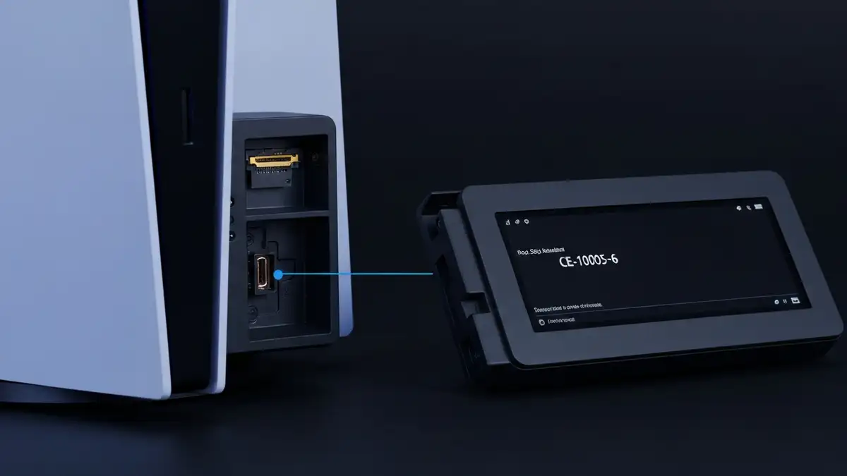 Dysk SSD PS5 przy otwartej konsoli z widocznym gniazdem M.2 i kodem błędu CE-10005-6