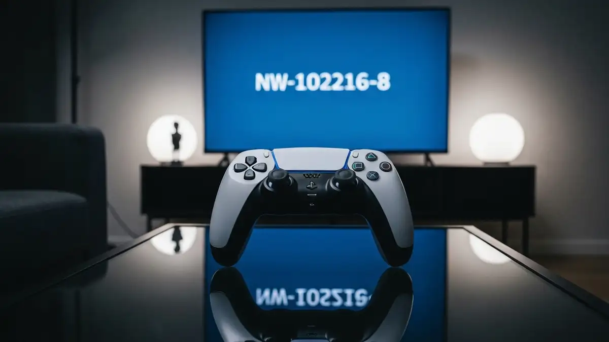 PS5 kontroler z komunikatem błędu NW-102216-8 na ekranie telewizora