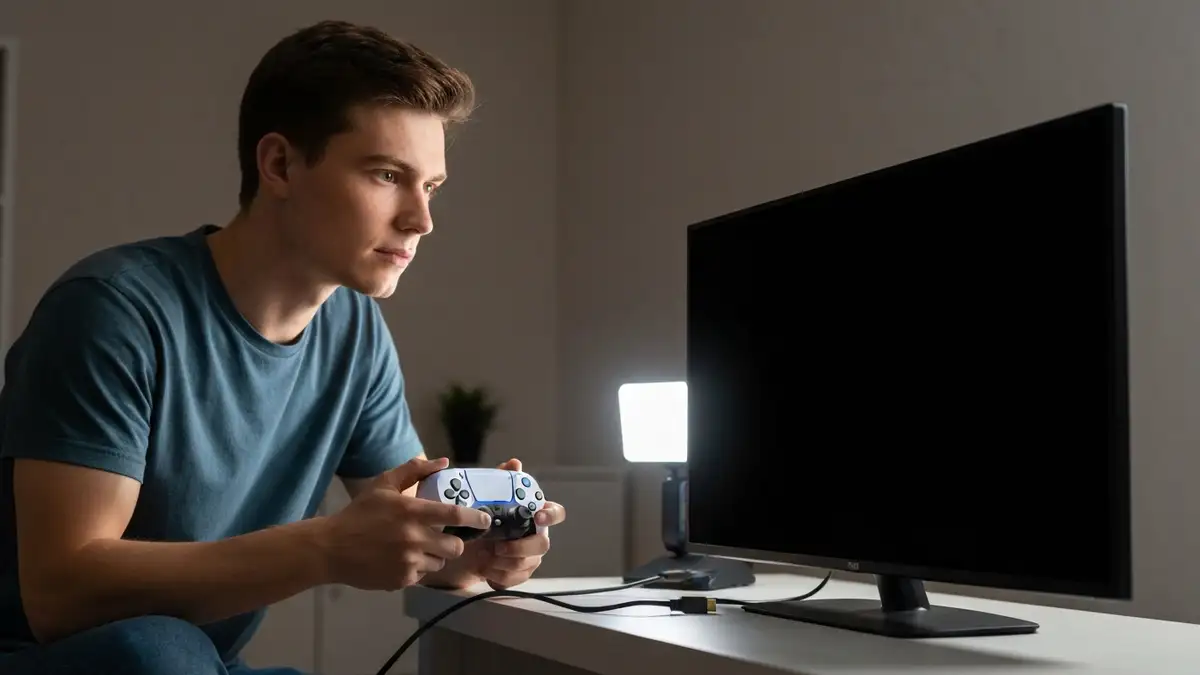 PS5 podłączona do telewizora kablem HDMI, ekran telewizora czarny, kontroler PlayStation w dłoni