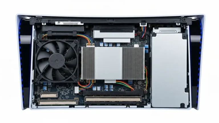 PS5 z otwartymi panelami wentylacyjnymi pokazującymi zabrudzony wentylator i radiator