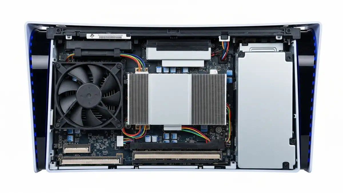 PS5 z otwartymi panelami wentylacyjnymi pokazującymi zabrudzony wentylator i radiator