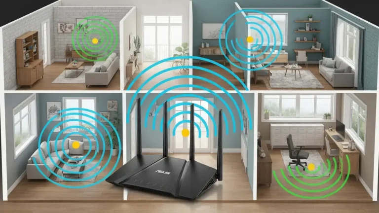 Router ASUS z antenami na tle domu z sygnałem WiFi rozprzestrzeniającym się w całym pomieszczeniu