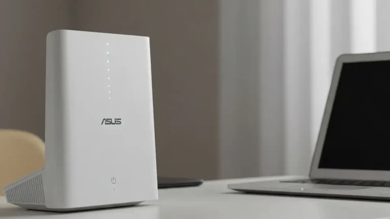 Router ASUS w białej kolorystyce stojący pionowo na biurku obok laptopa z wyłączonymi diodami LED