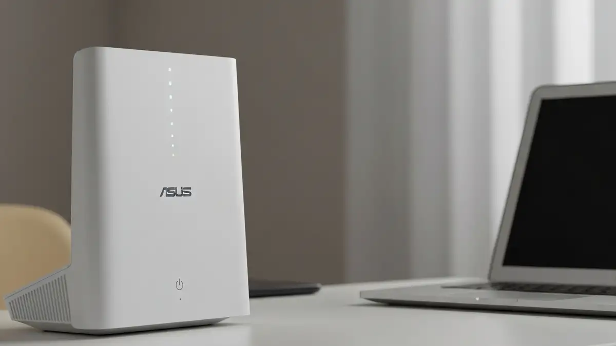 Router ASUS w białej kolorystyce stojący pionowo na biurku obok laptopa z wyłączonymi diodami LED